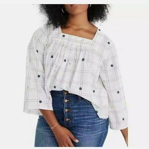 NWT MADEWELL XSmall XS Embroidered Windowpane Squareneck Button Down Blouse Top